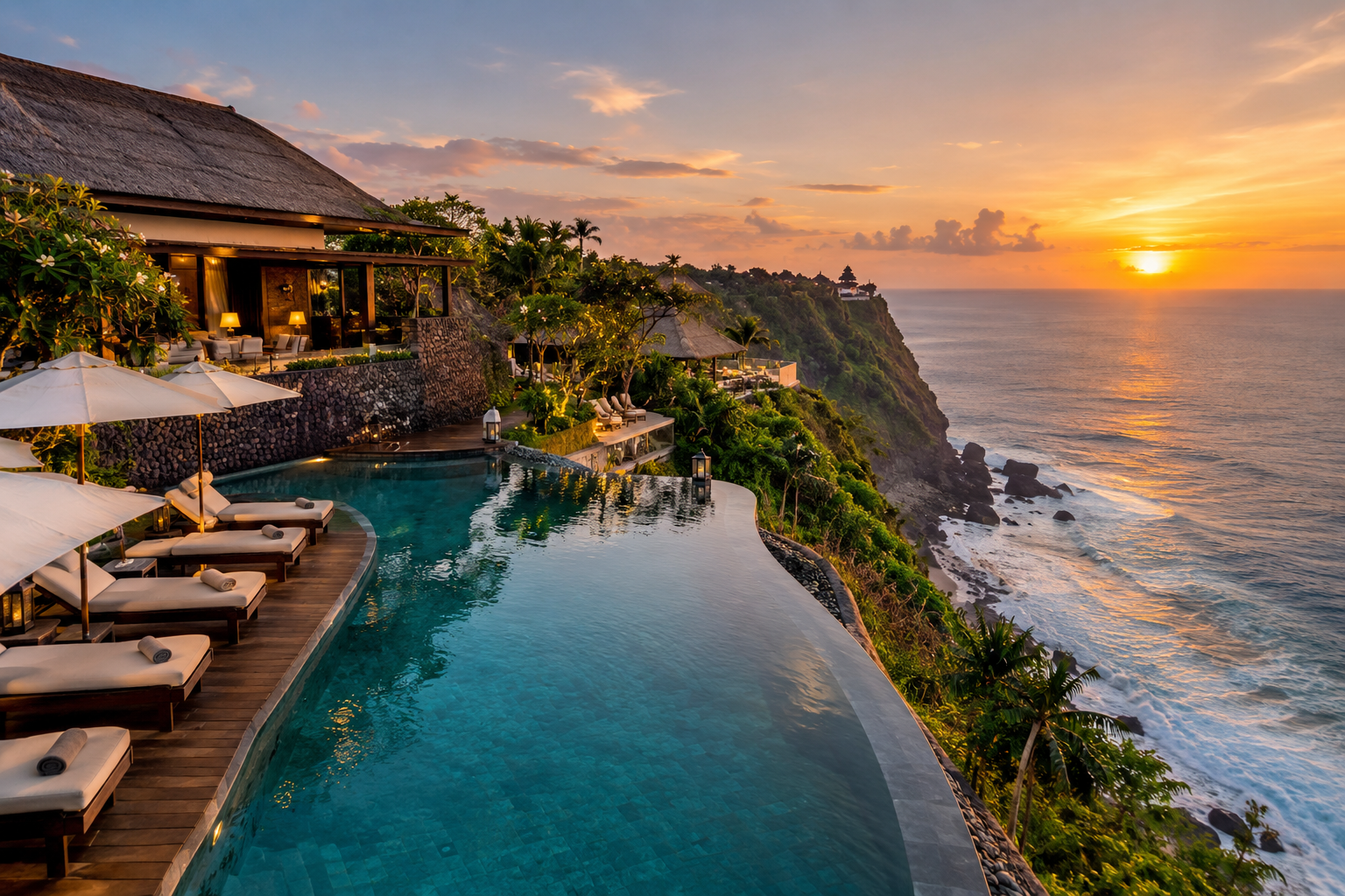 Bvlgari Resort Bali dengan infinity pool dan pemandangan laut saat matahari terbenam.