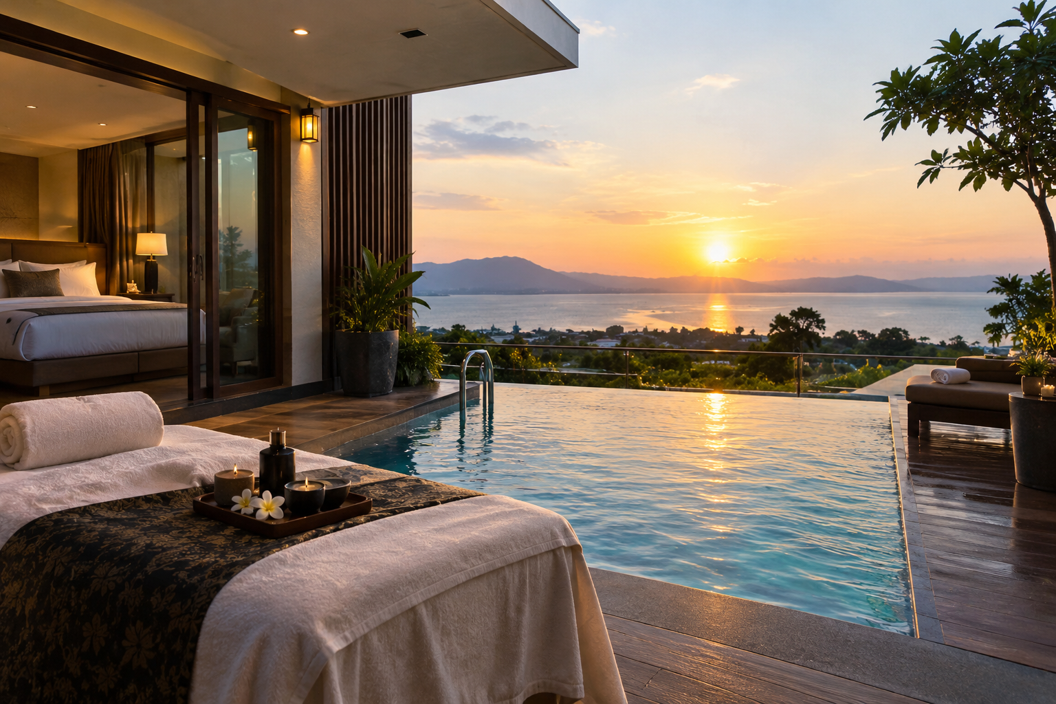 Hotel dan spa mewah dengan kolam renang dan pemandangan matahari terbenam
